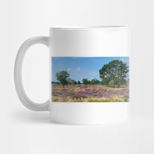 Panorama of heathland with trees early in the morning Mug